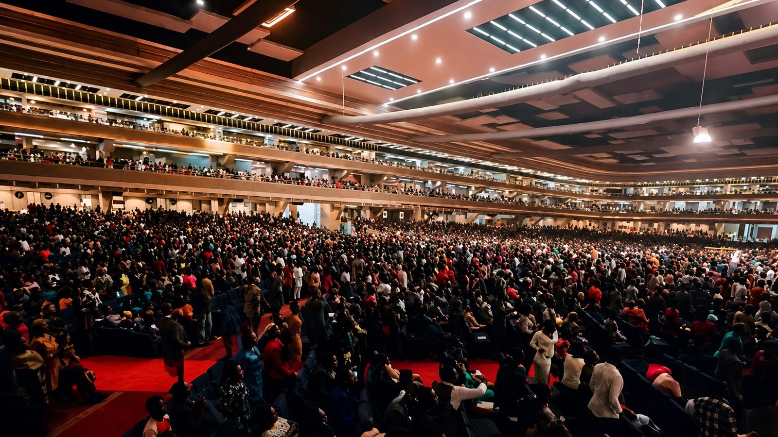 A packed multi-tier arena auditorium, thousands of people filling the floor and balconies toward a lit stage