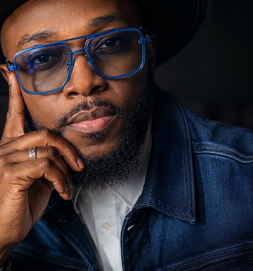 Kevin Downswell — portrait in a black hat and cobalt-blue glasses